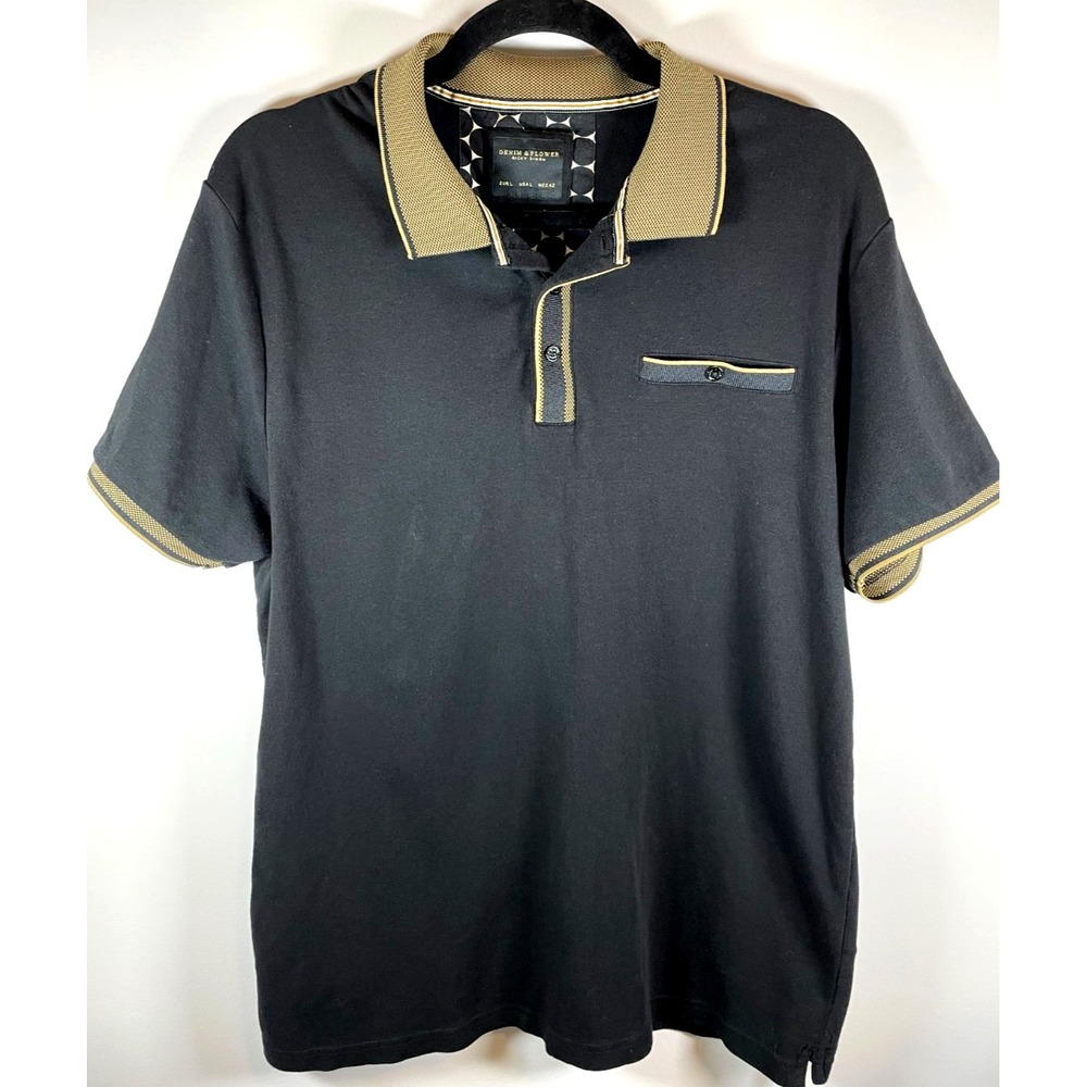 Denim & Flower Ricky Singh Mens Large Black Gold Trim Cotton Pique Polo Shirt